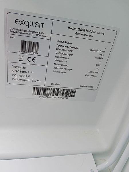 Морозильна камера Exquisit GS5114 030F sn EN625522020 000050653 фото