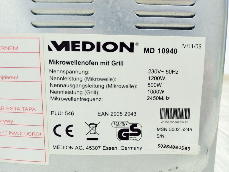 Мікрохвильова піч Medion MD 10940 1200w гриль 1000w sn S026W004509 000037174 фото