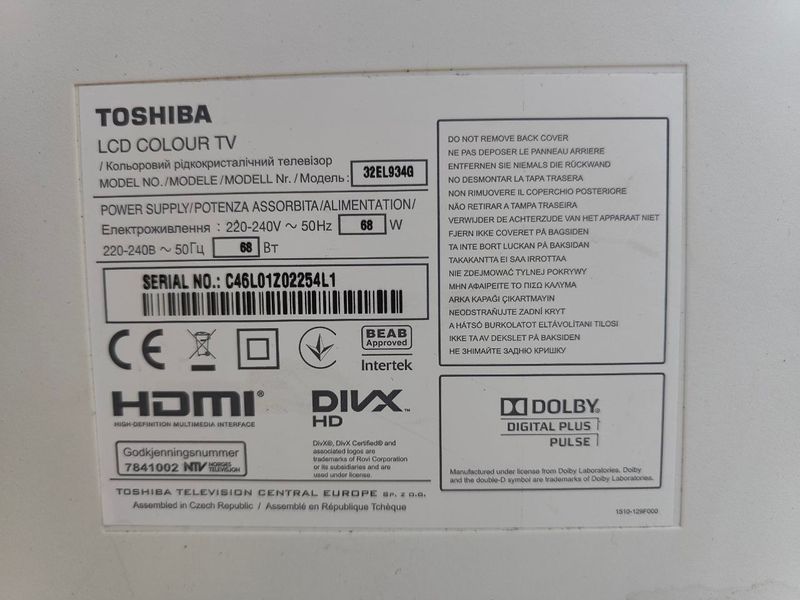 ТБ Toshiba 32EL934Q 68W sn 02254L1 000050704 фото