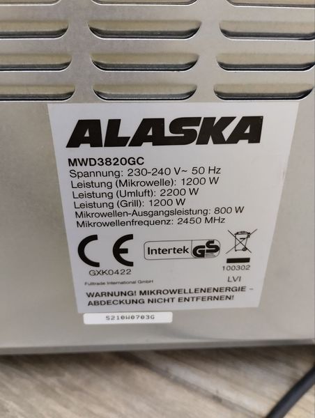 Мікрохвиловаа піч Alaska MWD3820GC 2200 W гриль 1200W sn S210W0703G 000046808 фото