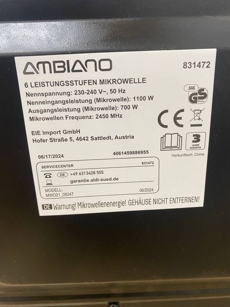 Мікрохвильова піч Ambiano 700W sn GZMW24A2353465 000048489 фото