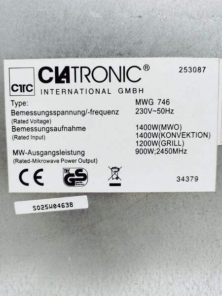 Мікрохвильова піч Clatronic MWG 746 1400w гриль 1200w sn S025W04638 000034964 фото