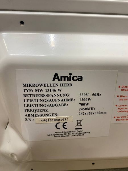 Мікрохвильова піч Amica MW 13146 W 700W sn 10801010401071 000047226 фото