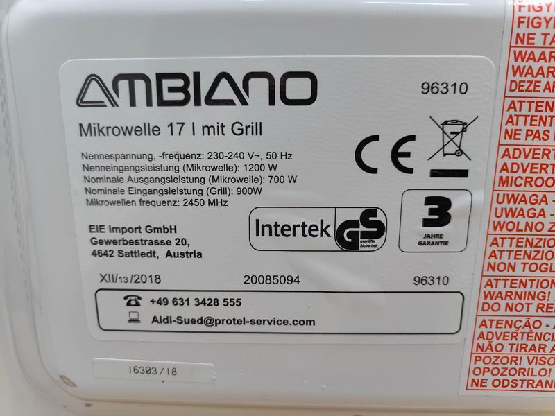 Микроволновая печь Ambiano 96310 1200W sn 20085094 000050457 фото