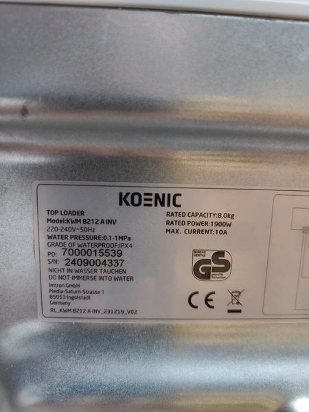 Стиральная машина вертикальная Koenic KWM8212A INV 1900W 8кг sn 2409004337 000050451 фото