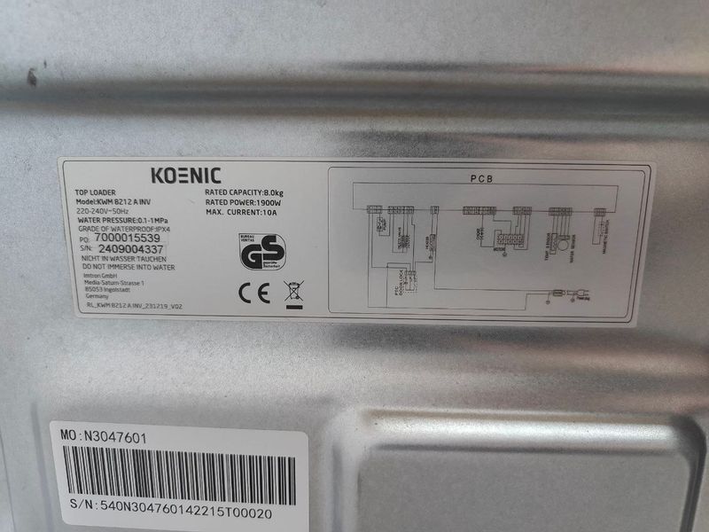 Стиральная машина вертикальная Koenic KWM8212A INV 1900W 8кг sn 2409004337 000050451 фото