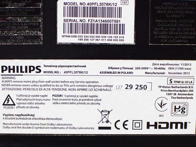 ТБ 40 Philips 40PFL3078K 12 LCD 115w sn FZ1A1346007581 000032164 фото
