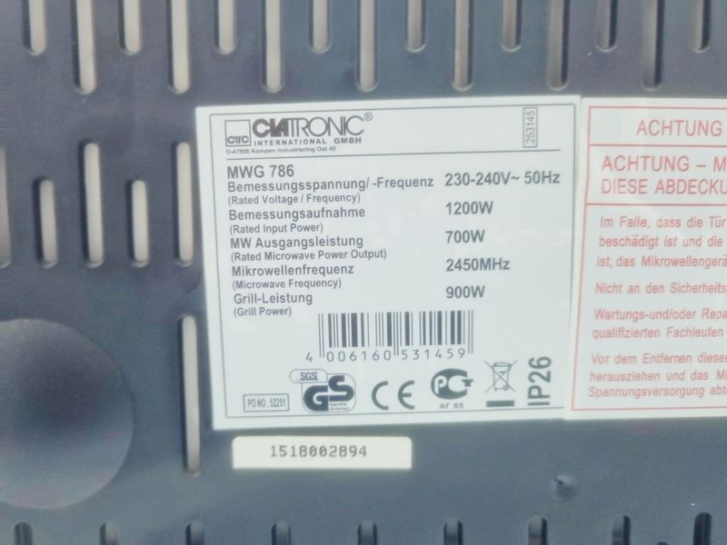 Мікрохвильова піч Clatronic MWG 786 1200w гриль 900w sn 1518002894 000041862 фото