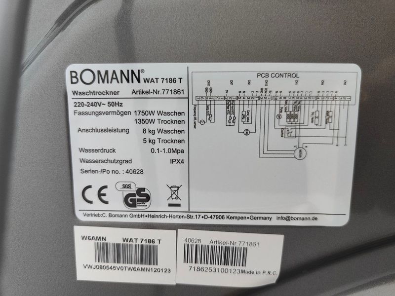 Стирально сушильная машина Bomann WAT 7186 T 1750W 8+5кг sn 40628 000053634 фото