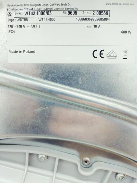Сушильна машина Siemens IQ300 WT43H000 03 600w 7 кг sn 9606 200589 000037385 фото