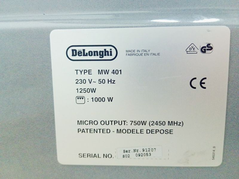 Мікрохвильова піч DeLonghi MW 401 1250w гриль 1000w sn 91207 000039624 фото