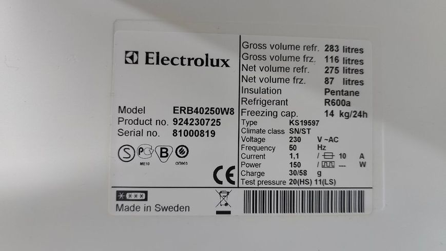 Холодильник двокамерний Electrolux ERB40250W8 150W 275+87л sn 81000819 n542 000051086 фото