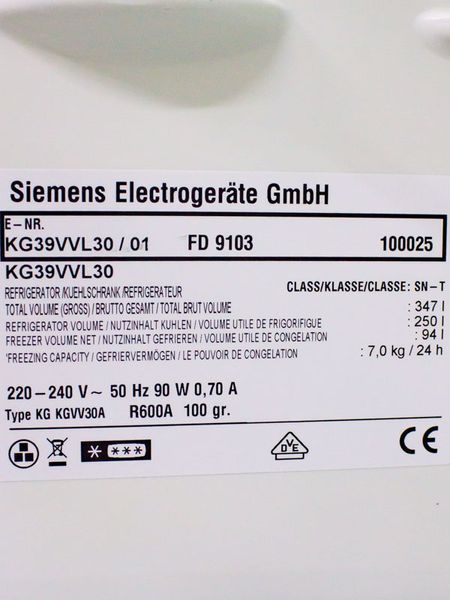 Холодильник двокамерний Siemens KG39VVL30 01 250+94 л 90w sn 9103 100025 000029033 фото