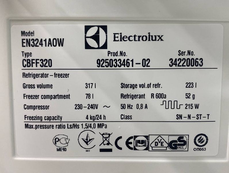 Холодильник двухкамерный Electrolux EN3241AOW 215W 223+52л sn 34220063 n 425 000048810 фото