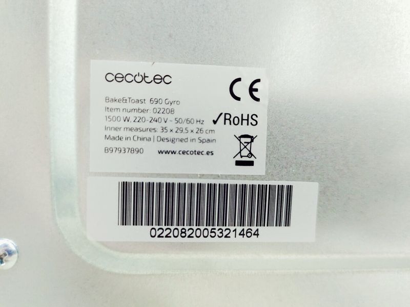 Електродуховка міні піч Cecotec Bake and Toast 690 Gypo 02208 1500w 30л sn 022082005321464 000043128 фото
