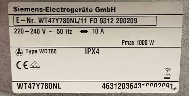Сушильная машина Siemens WT47Y780NL 11 1000W 9 кг sn 9312200209 000048281 фото