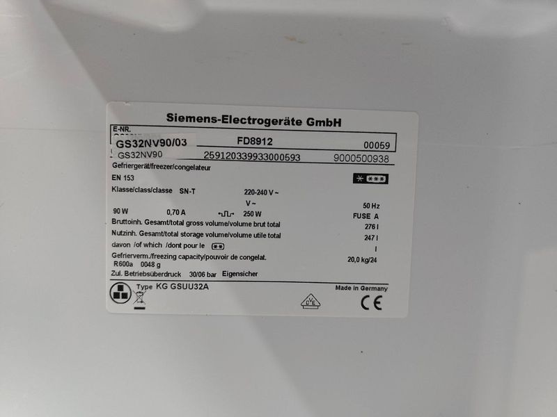Морозильная камера Siemens GS32NV90 03 90w 247л 8 полок sn 00059 n 587 000052389 фото