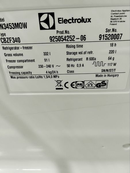 Холодильник двокамерний Electrolux EN3453MOW 117W 220+91л sn 91520007 n378 000048019 фото