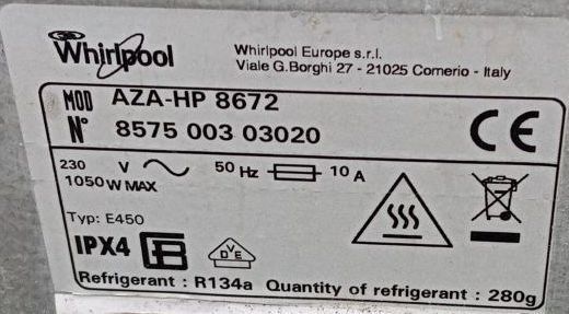 Сушильная машина Whirlpool AZA HP 8672 1050W 8кг sn 857500303020 000052867 фото