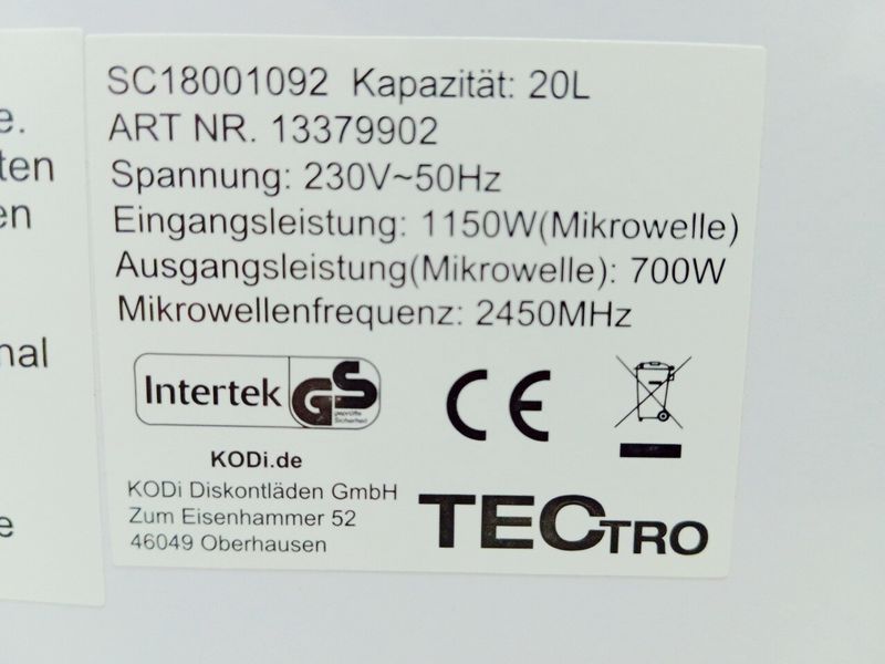 Мікрохвильова піч TecTro SC18001092 1150w sn 13379902 000038661 фото