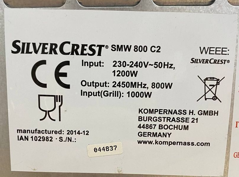 Мікрохвильова піч SilverCrest 1200W sn 044837 000048721 фото
