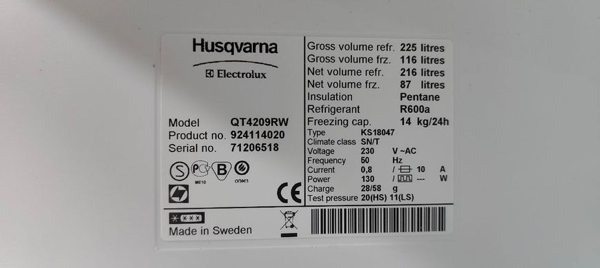 Холодильник двухкамерный Husqvama QT4209RW 130W 216+87л sn 71206518 n534 000051092 фото