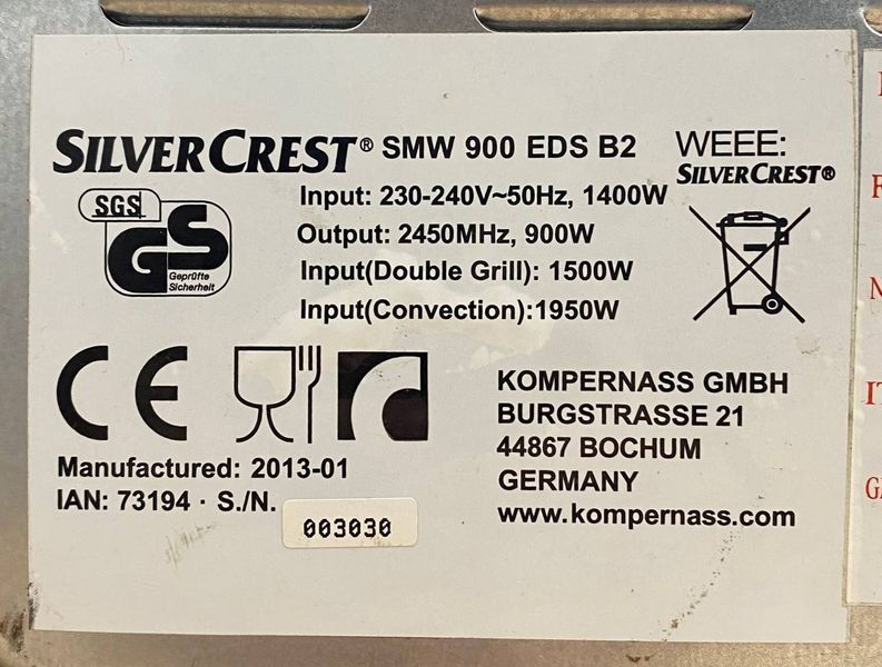 Микроволновая печь SilverCrest SMW900EDS B2 1400W sn 003030 000049153 фото