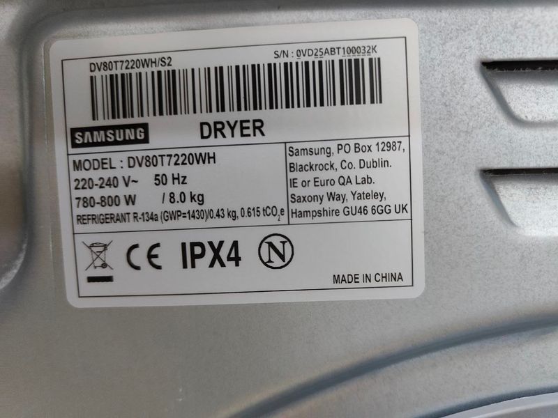 Сушильная машина Samsung DV80T7220WH 800W 8кг WI FI sn 0VD25ABT100032K 000052639 фото