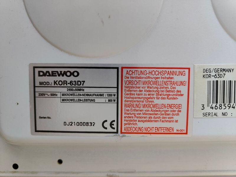 Мікрохвильова піч Daewoo KOR63D7 1200W sn DJ21000832 000050688 фото