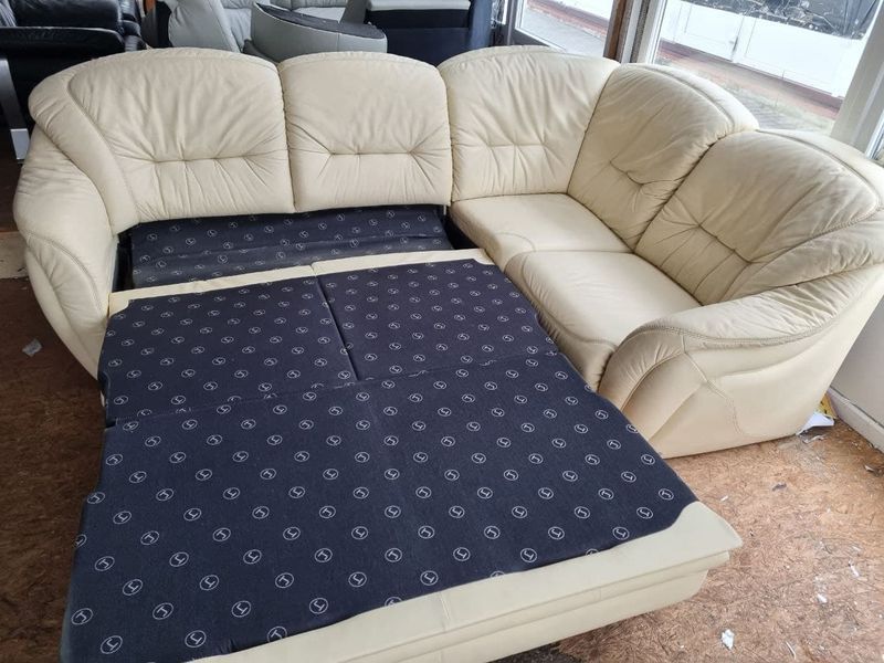 Угловой диван кожаный кремовый 000024352 фото