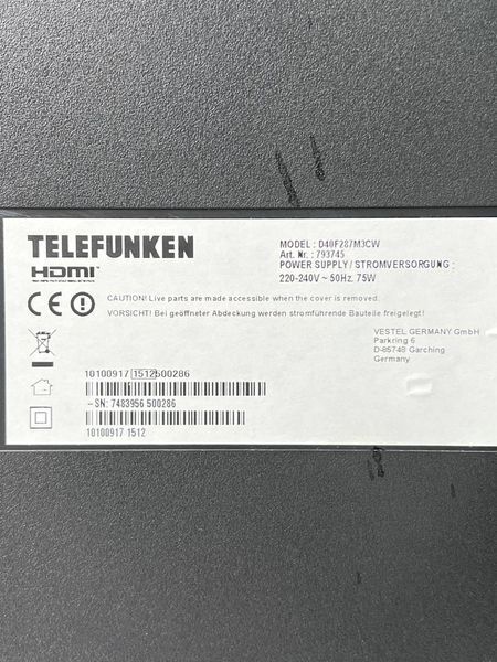 ТБ 40 Telefunken D40F287M3CW Full HD Smart TV 75w sn 7483956500286 000040075 фото