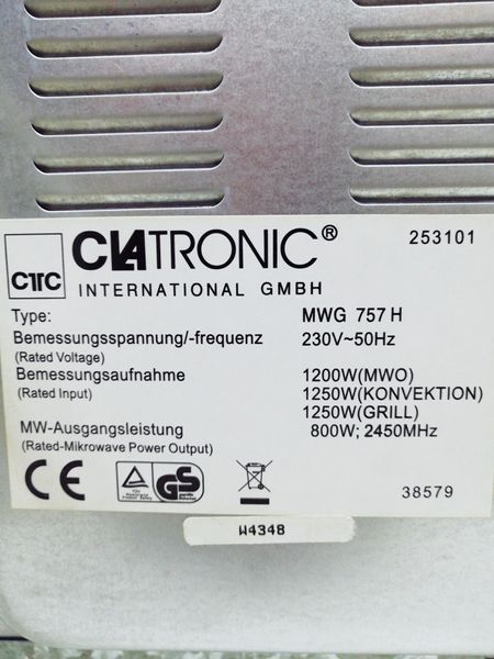 Мікрохвильова піч Clatronic MWG 757 H 1200w гриль 1250w sn W4348 000035176 фото