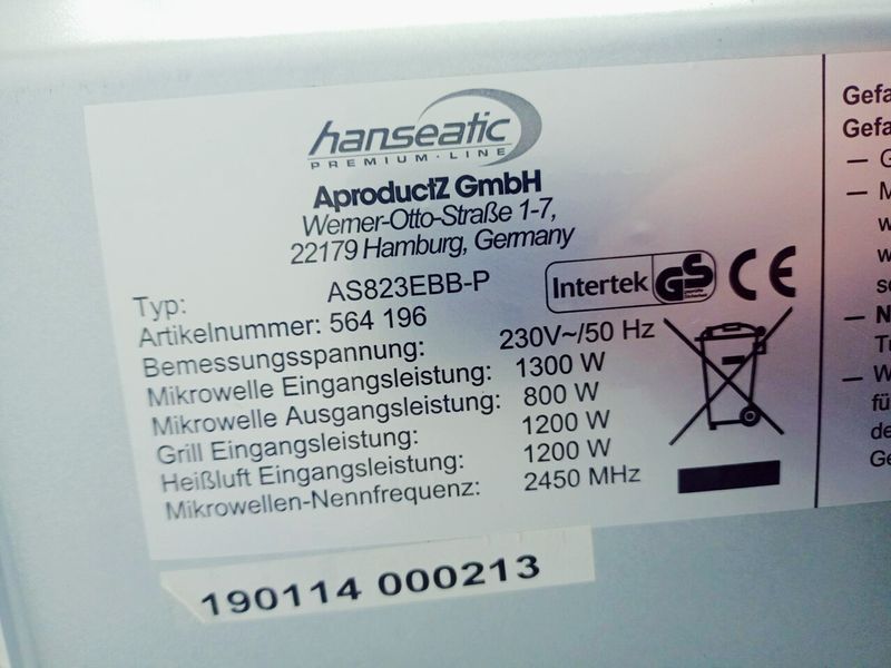 Мікрохвильова піч Hanseatic AS823EBB 1300w гриль 1200w sn 190114000213 000042320 фото