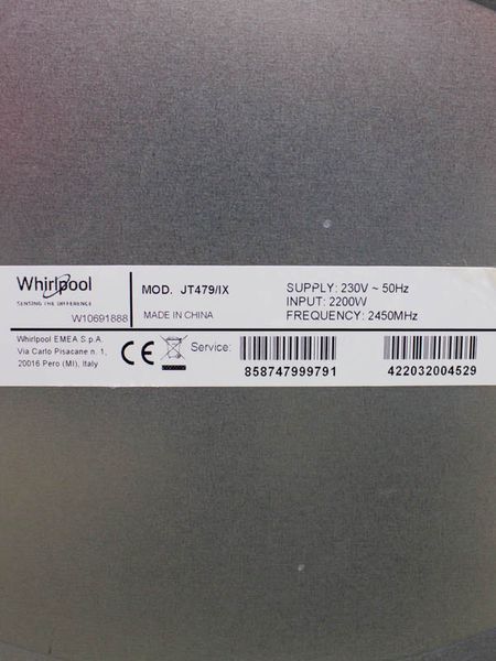 Мікрохвильова піч Whirlpool JT479 IX 2200w гриль 1200w сток (без коробки) LPNHK067924275 360е 000030676 фото