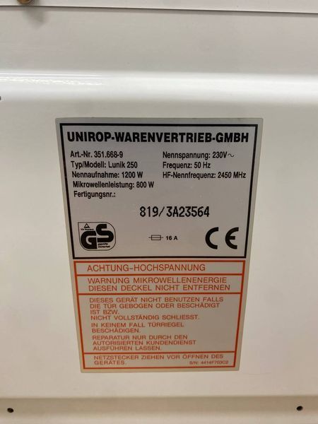 Микроволновая печь Lunik 250 1200W sn 8193A23564 000049154 фото