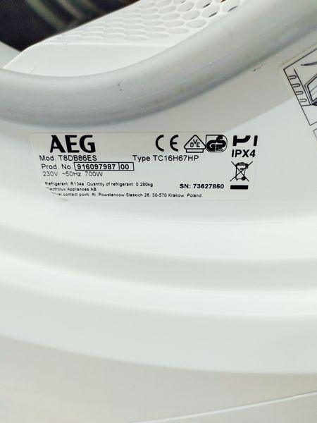 Сушильна машина AEG 8000 Series T8DB86ES 700w 8 кг sn 73627850 000043390 фото