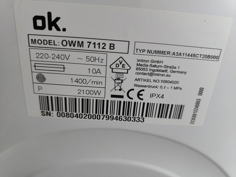 Стиральная машина Ok OWM 7112 B 2100W 7кг sn 00804020007994630333 000053434 фото