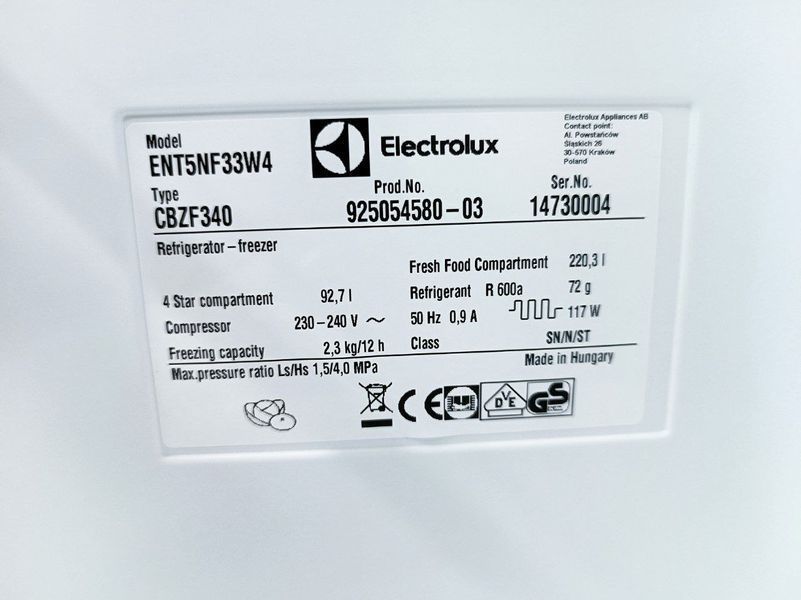 Холодильник двухкамерный Electrolux ENT5NF33W4 117W 220+92л sn 1470004 n456 000048020 фото