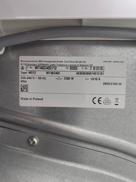 Сушильна машина Siemens iQ 500 WT6G40212 2800W 8кг sn 01318 000051949 фото