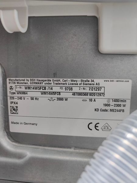 Пральна машина Siemens WM14W5FCB 2000W 8kg sn 01297 000051967 фото