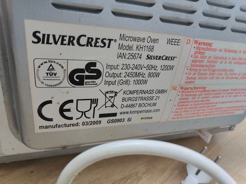 Микроволновая печь SilverCrest KH1168 1200W sn 043360 000050680 фото