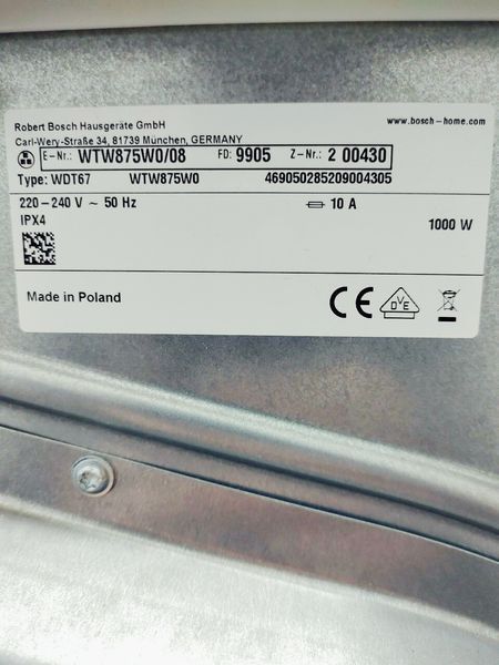 Сушильна машина Bosch Serie8 WTW875W0 08 1000w 8 кг sn 9905 200430 000042700 фото