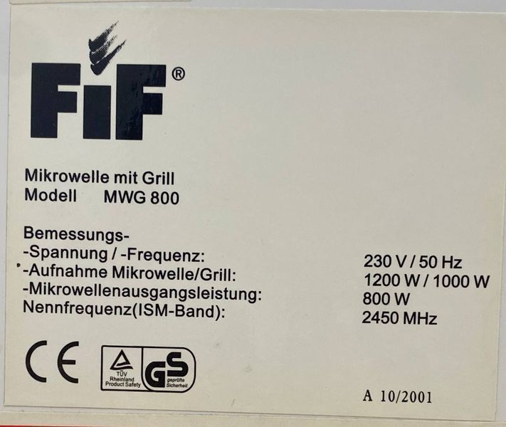 Мікрохвильова піч Fif MWG 800 1200w sn A102001 000049157 фото