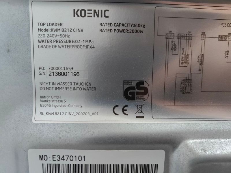 Пральна машина вертикальна Koenic KWM 8212CINV 2000W 8кг sn 2136001196 000053042 фото