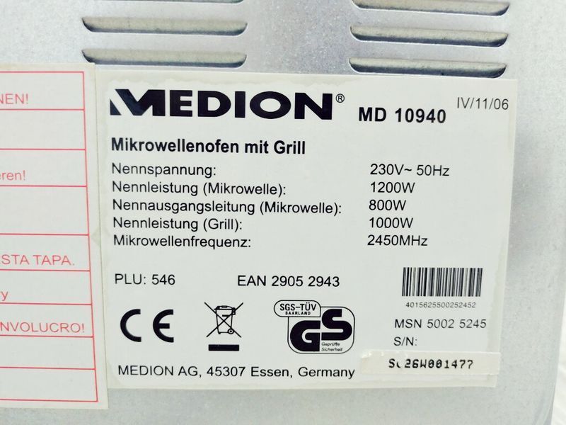 Мікрохвильова піч Medion MD 10940 1200w гриль 1000w sn S026W001477 000039620 фото