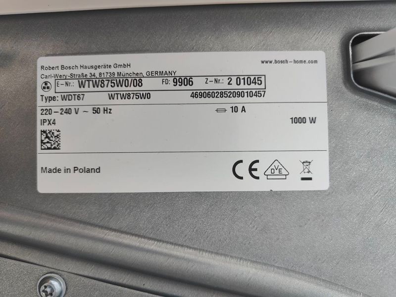 Сушильная машина Bosch Serie8 WTW875W008 1000W 8кг sn 01045 000051952 фото