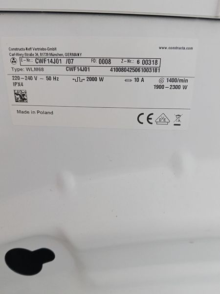 Стиральная машина Constructa CWF14J01 2300W 7кг sn 600318 000049454 фото