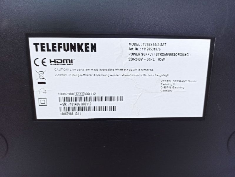 ТБ 32 Telefunken T32EX1440 SAT HD WiFi 65w sn 7101406300112 000040702 фото