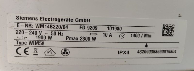 Пральна машина SIEMENS WM14B220 2300W 6кг sn 9209101980