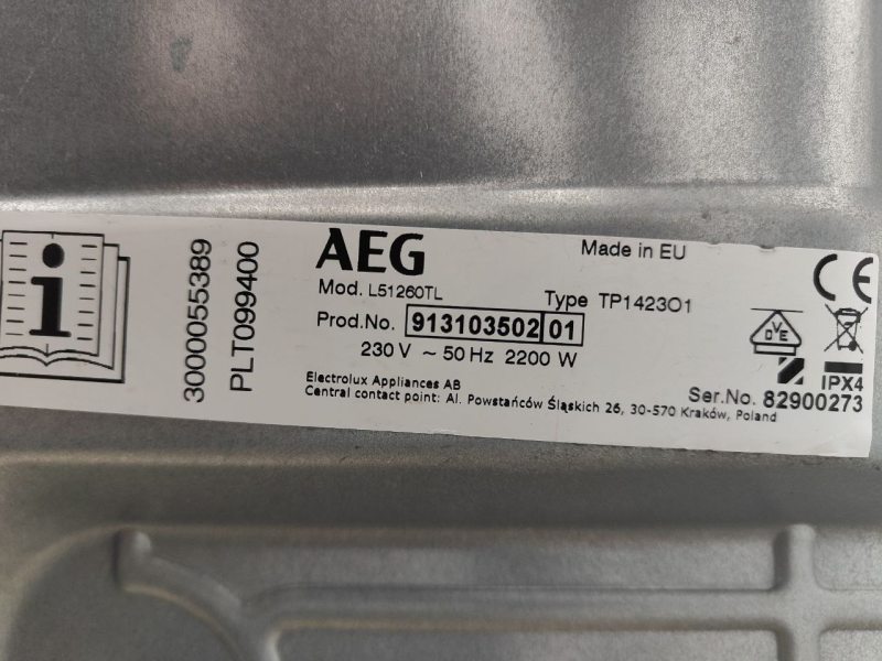 Пральна машина вертикальна AEG L51260TL 2200W 6кг sn 91310350201